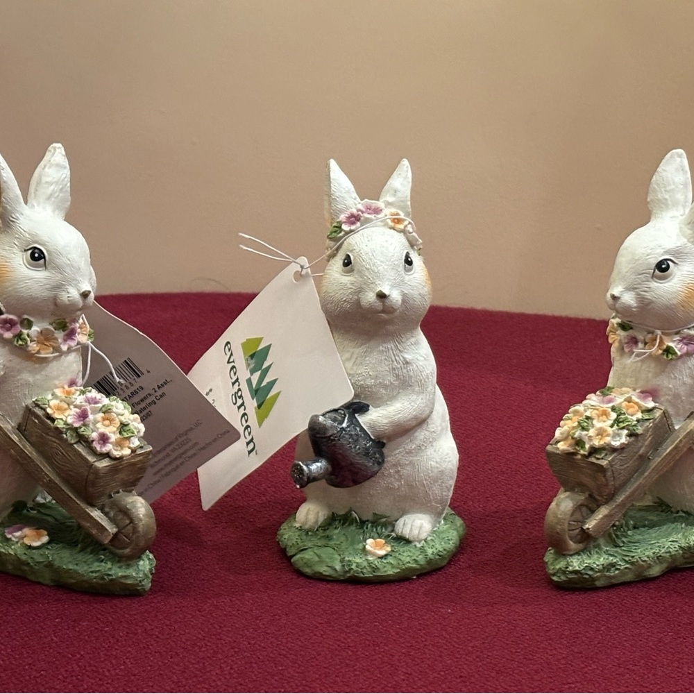 Springtime Easter Rabbits Bunnies by Evergreen. Set of 3. Hand Painted Resin NWT